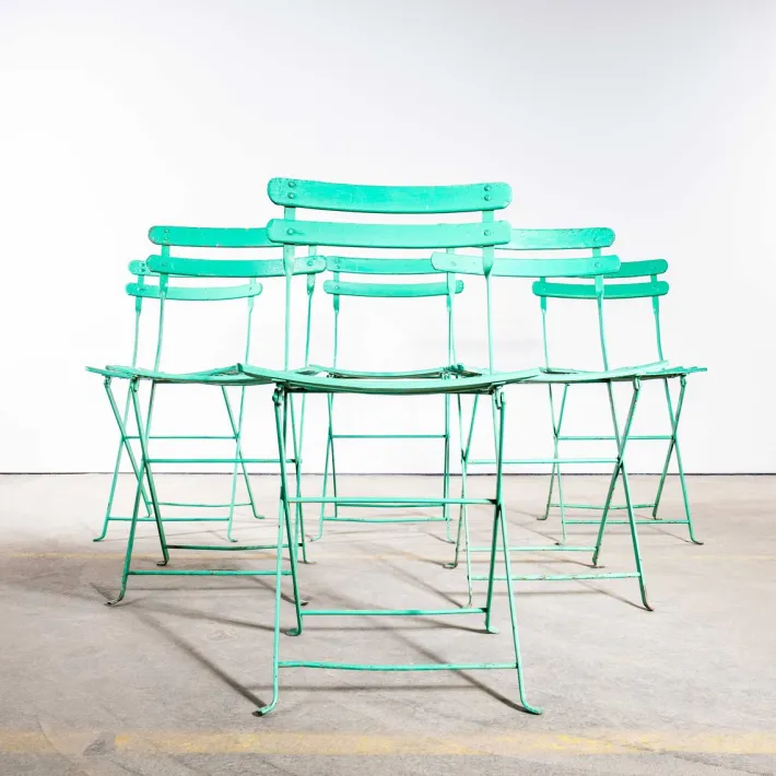 Pamono French Slatted Pea Green Outdoor Folding Chairs, 1950s, Set of 4 New