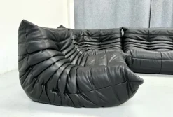 Pamono French Togo Living Room Set in Black Leather by Michel Ducaroy for Ligne Roset., Set of 3
