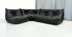 Pamono French Togo Living Room Set in Black Leather by Michel Ducaroy for Ligne Roset., Set of 3