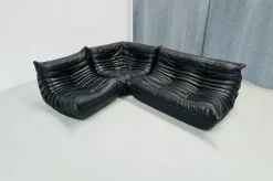 Pamono French Togo Living Room Set in Black Leather by Michel Ducaroy for Ligne Roset., Set of 3