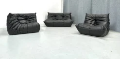 Pamono French Togo Living Room Set in Black Leather by Michel Ducaroy for Ligne Roset., Set of 3