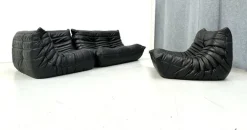 Pamono French Togo Living Room Set in Black Leather by Michel Ducaroy for Ligne Roset., Set of 3