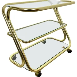 Pamono Glass & Golden Metal Serving Cart Trolley by Morex, Italy, 1980s Outlet