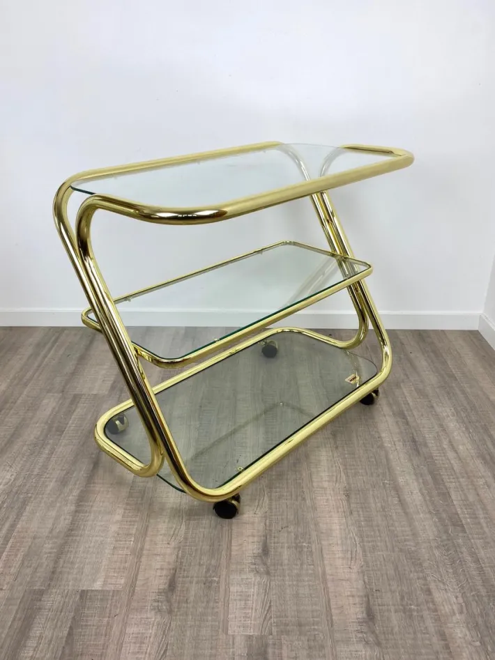 Pamono Glass & Golden Metal Serving Cart Trolley by Morex, Italy, 1980s Outlet