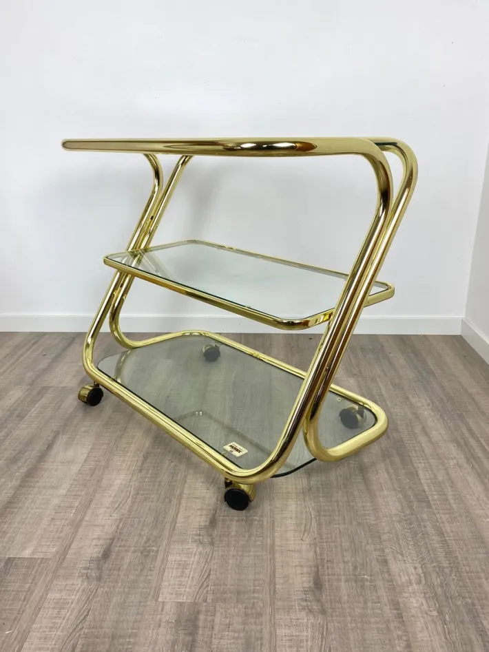 Pamono Glass & Golden Metal Serving Cart Trolley by Morex, Italy, 1980s Outlet