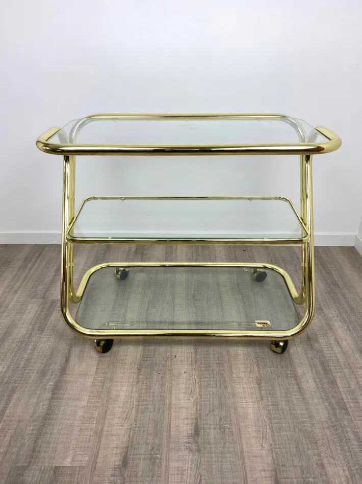 Pamono Glass & Golden Metal Serving Cart Trolley by Morex, Italy, 1980s Outlet