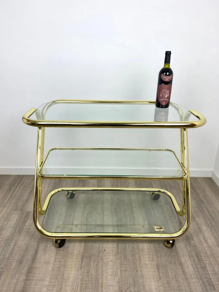 Pamono Glass & Golden Metal Serving Cart Trolley by Morex, Italy, 1980s Outlet