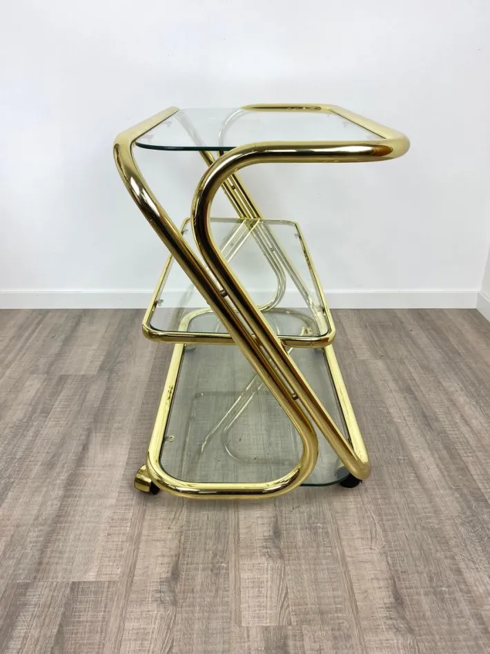 Pamono Glass & Golden Metal Serving Cart Trolley by Morex, Italy, 1980s Outlet