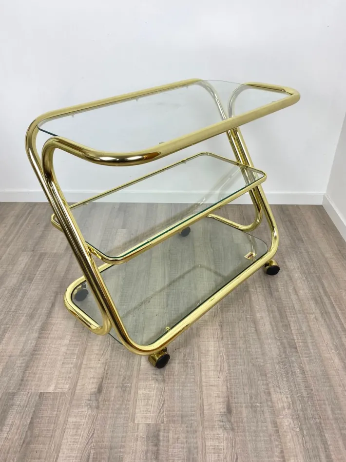 Pamono Glass & Golden Metal Serving Cart Trolley by Morex, Italy, 1980s Outlet