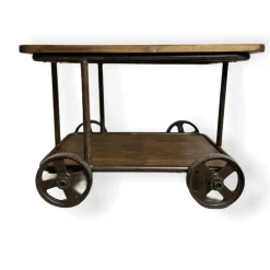 Pamono Industrial Serving Trolley in Cast Iron with Wooden Shelves, 1920s
