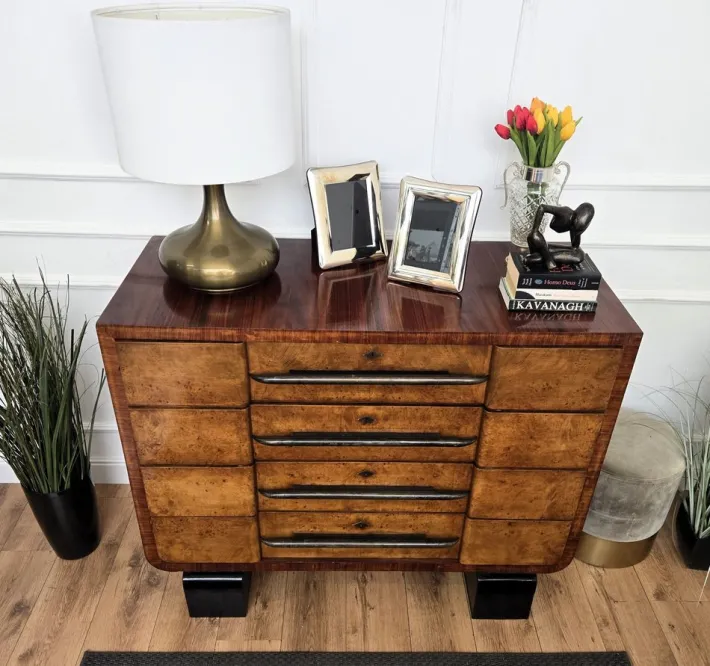 Pamono Italian Art Deco Style Burl Wood and Bronze Chest of Drawers by Paolo Buffa, 1940s Discount