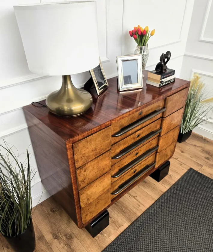 Pamono Italian Art Deco Style Burl Wood and Bronze Chest of Drawers by Paolo Buffa, 1940s Discount