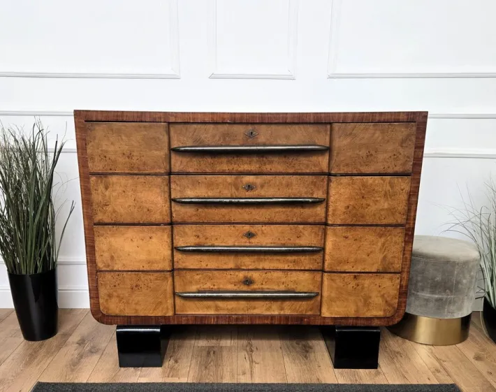 Pamono Italian Art Deco Style Burl Wood and Bronze Chest of Drawers by Paolo Buffa, 1940s Discount
