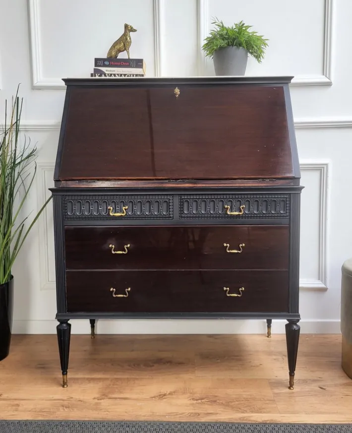 Pamono Italian Art Deco Walnut Marble Slant Front Secretary, 1960s