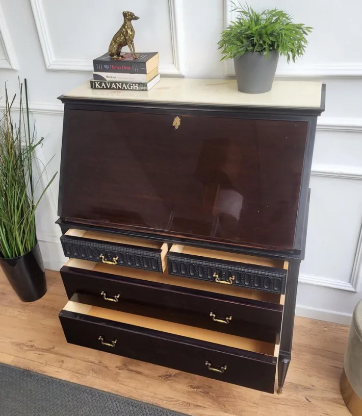 Pamono Italian Art Deco Walnut Marble Slant Front Secretary, 1960s