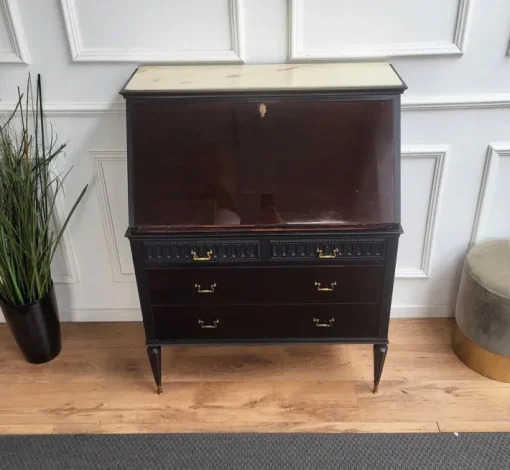 Pamono Italian Art Deco Walnut Marble Slant Front Secretary, 1960s