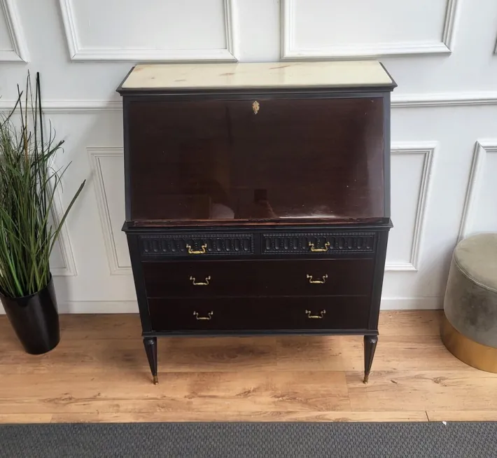 Pamono Italian Art Deco Walnut Marble Slant Front Secretary, 1960s