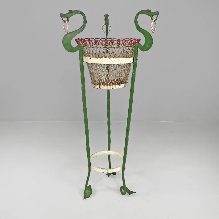 Pamono Italian Art Nouveau White Green Wrought Iron Vase Holders with Dragons, 1900s, Set of 2 Hot