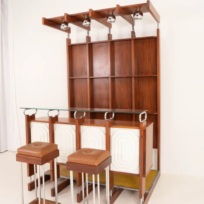 Pamono Italian Bar Unit with Stools, 1970s, Set of 3