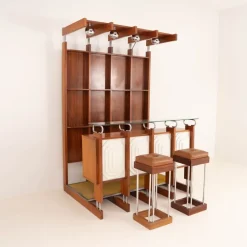 Pamono Italian Bar Unit with Stools, 1970s, Set of 3