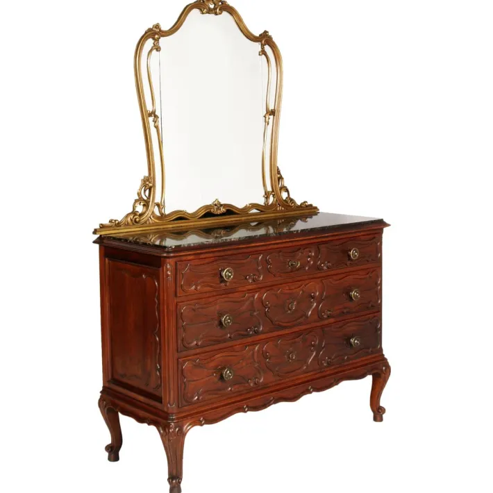 Pamono Italian Baroque Carved Walnut Complete Bedroom Set, 1890s, Set of 7 New