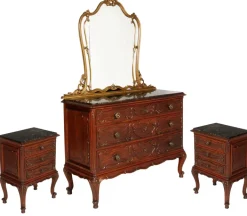 Pamono Italian Baroque Carved Walnut Complete Bedroom Set, 1890s, Set of 7 New