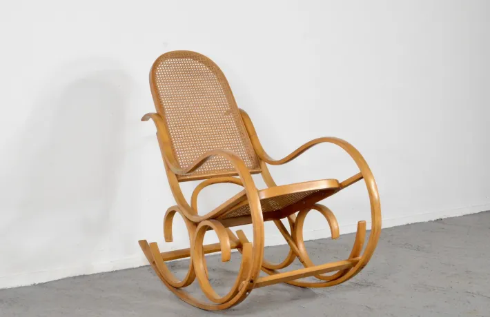 Pamono Italian Bentwood Rocking Chair with Woven Cane Seat by Luigi Crassevig, 1970s New