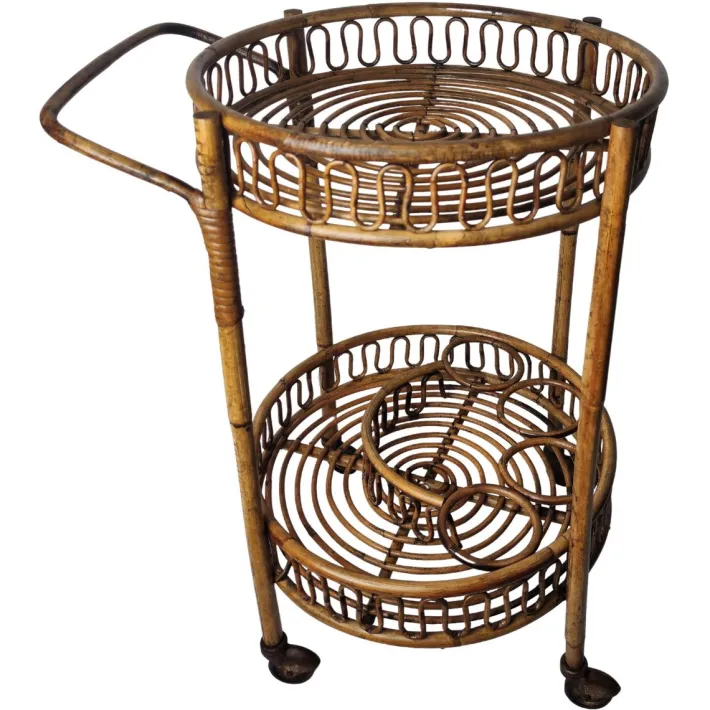 Pamono Italian Bohemian Bamboo Rattan Round Serving Bar Cart by Franco Albini, 1960s Discount