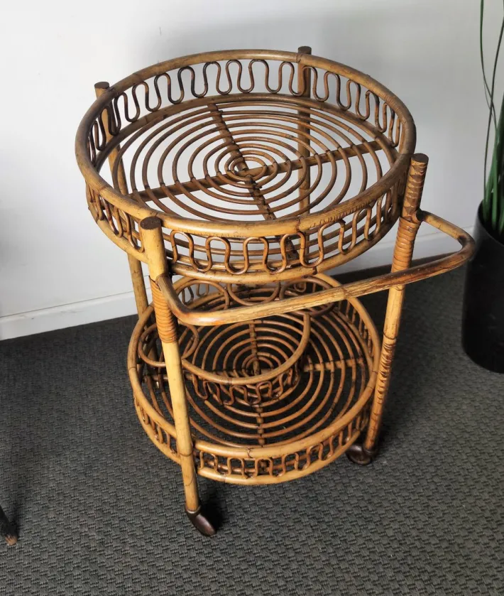 Pamono Italian Bohemian Bamboo Rattan Round Serving Bar Cart by Franco Albini, 1960s Discount