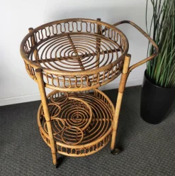 Pamono Italian Bohemian Bamboo Rattan Round Serving Bar Cart by Franco Albini, 1960s Discount
