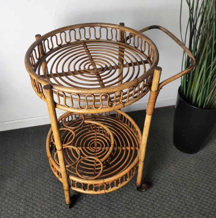 Pamono Italian Bohemian Bamboo Rattan Round Serving Bar Cart by Franco Albini, 1960s Discount