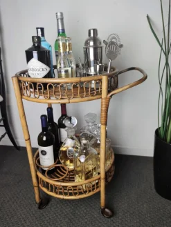 Pamono Italian Bohemian Bamboo Rattan Round Serving Bar Cart by Franco Albini, 1960s Discount