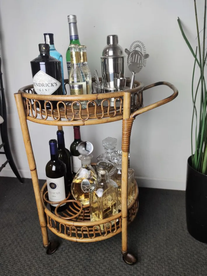 Pamono Italian Bohemian Bamboo Rattan Round Serving Bar Cart by Franco Albini, 1960s Discount