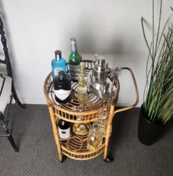 Pamono Italian Bohemian Bamboo Rattan Round Serving Bar Cart by Franco Albini, 1960s Discount