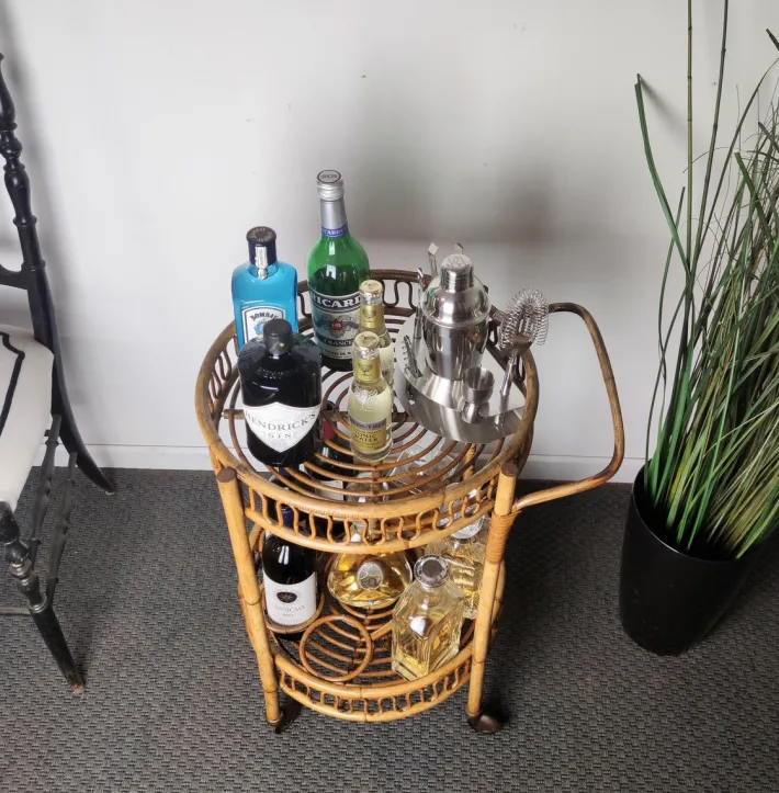 Pamono Italian Bohemian Bamboo Rattan Round Serving Bar Cart by Franco Albini, 1960s Discount