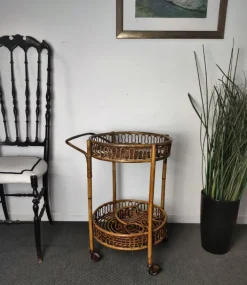 Pamono Italian Bohemian Bamboo Rattan Round Serving Bar Cart by Franco Albini, 1960s Discount