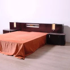 Pamono Italian Double Bed Headboard Equipped with Radio Lights and Bedside Tables, 1970s, Set of 3 New