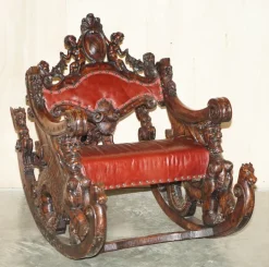 Pamono Italian Hand Carved Fruitwood & Leather Rocking Armchair, 1850s New