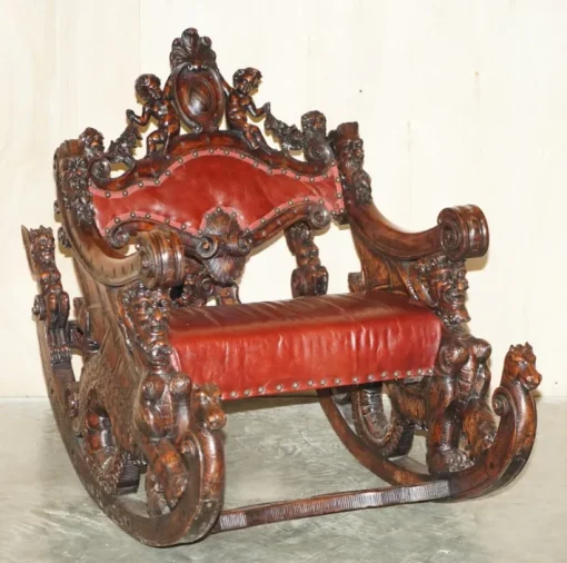 Pamono Italian Hand Carved Fruitwood & Leather Rocking Armchair, 1850s New