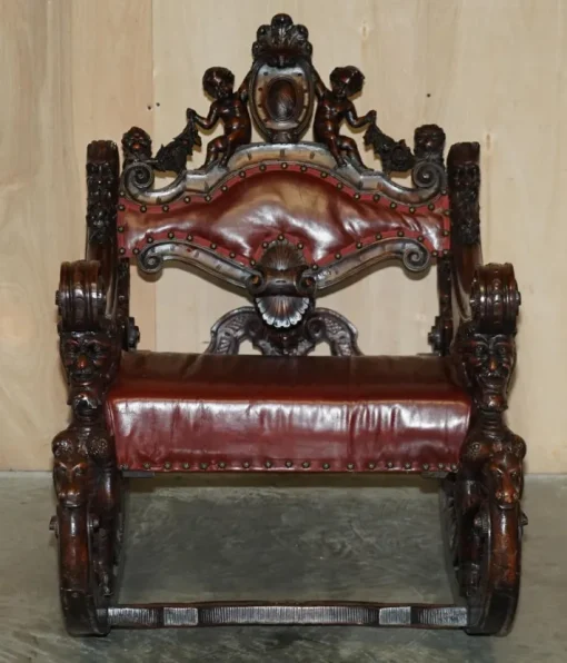 Pamono Italian Hand Carved Fruitwood & Leather Rocking Armchair, 1850s New