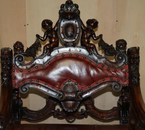Pamono Italian Hand Carved Fruitwood & Leather Rocking Armchair, 1850s New