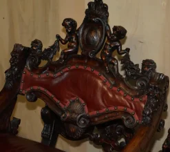 Pamono Italian Hand Carved Fruitwood & Leather Rocking Armchair, 1850s New