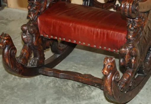 Pamono Italian Hand Carved Fruitwood & Leather Rocking Armchair, 1850s New