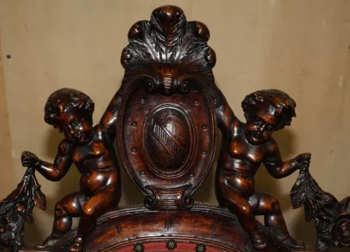 Pamono Italian Hand Carved Fruitwood & Leather Rocking Armchair, 1850s New
