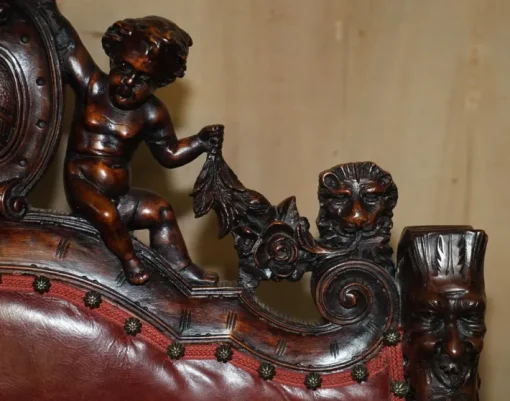 Pamono Italian Hand Carved Fruitwood & Leather Rocking Armchair, 1850s New