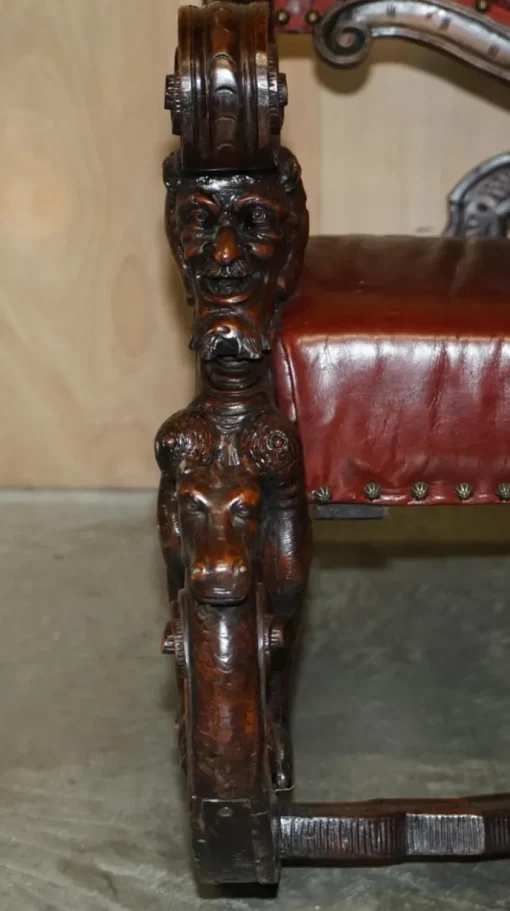 Pamono Italian Hand Carved Fruitwood & Leather Rocking Armchair, 1850s New
