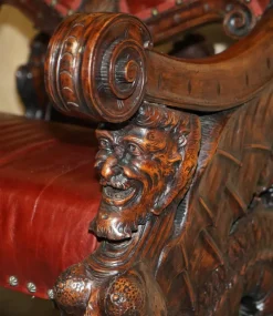 Pamono Italian Hand Carved Fruitwood & Leather Rocking Armchair, 1850s New