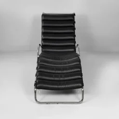 Pamono Italian Modern Black Leather and Steel Chaise Lounge by Mies Van Der Rohe for Knoll, 1970s