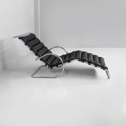 Pamono Italian Modern Black Leather and Steel Chaise Lounge by Mies Van Der Rohe for Knoll, 1970s