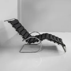 Pamono Italian Modern Black Leather and Steel Chaise Lounge by Mies Van Der Rohe for Knoll, 1970s